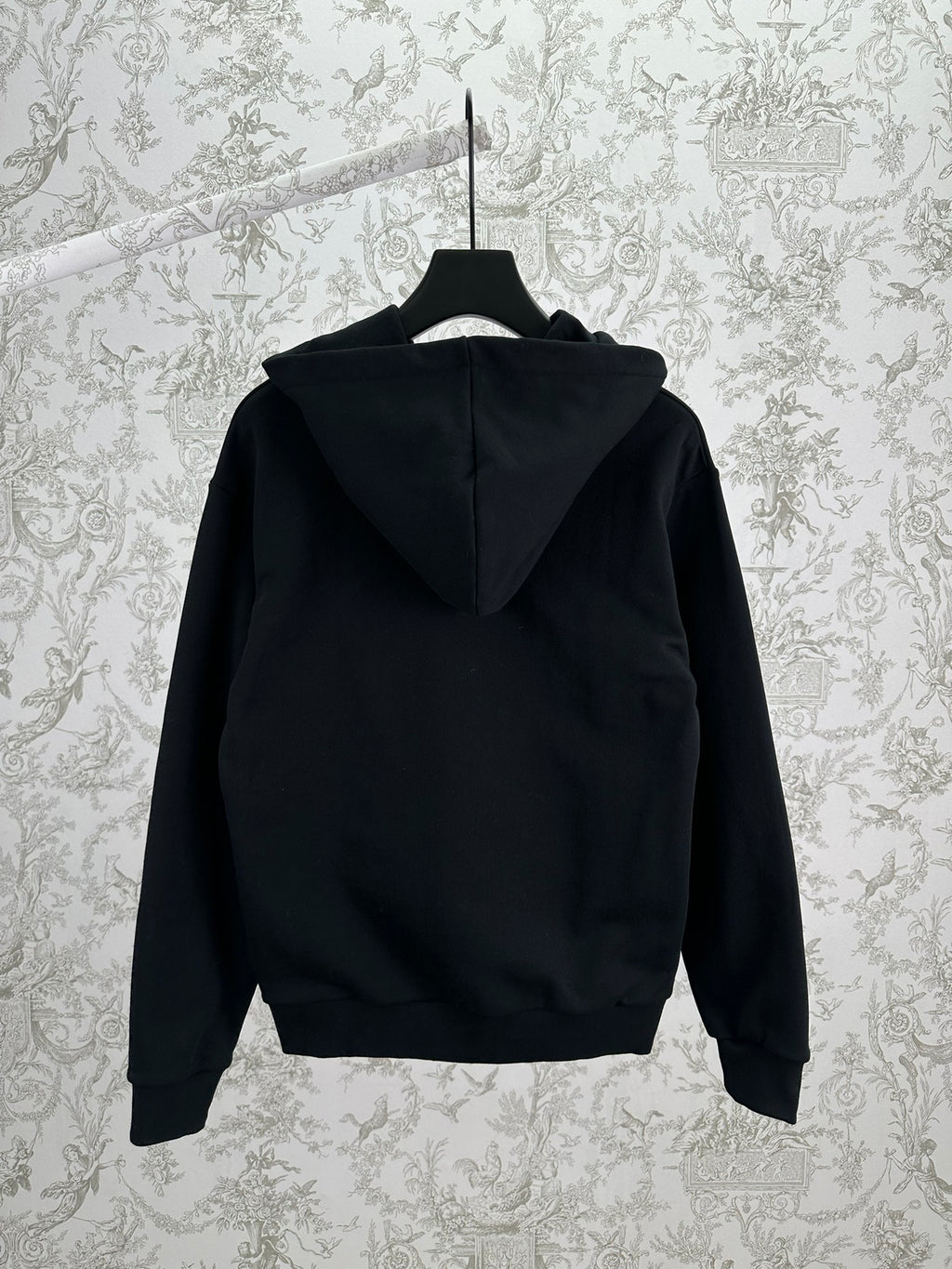 Louis Vuitton black hooded sweatshirt back view with drawstring hood and front pocket