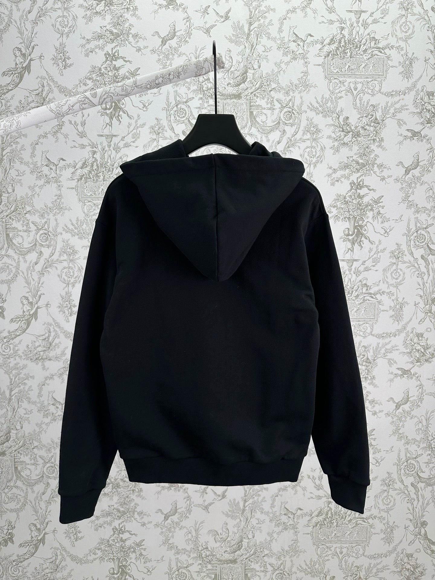 Louis Vuitton black hooded sweatshirt back view with drawstring hood and front pocket