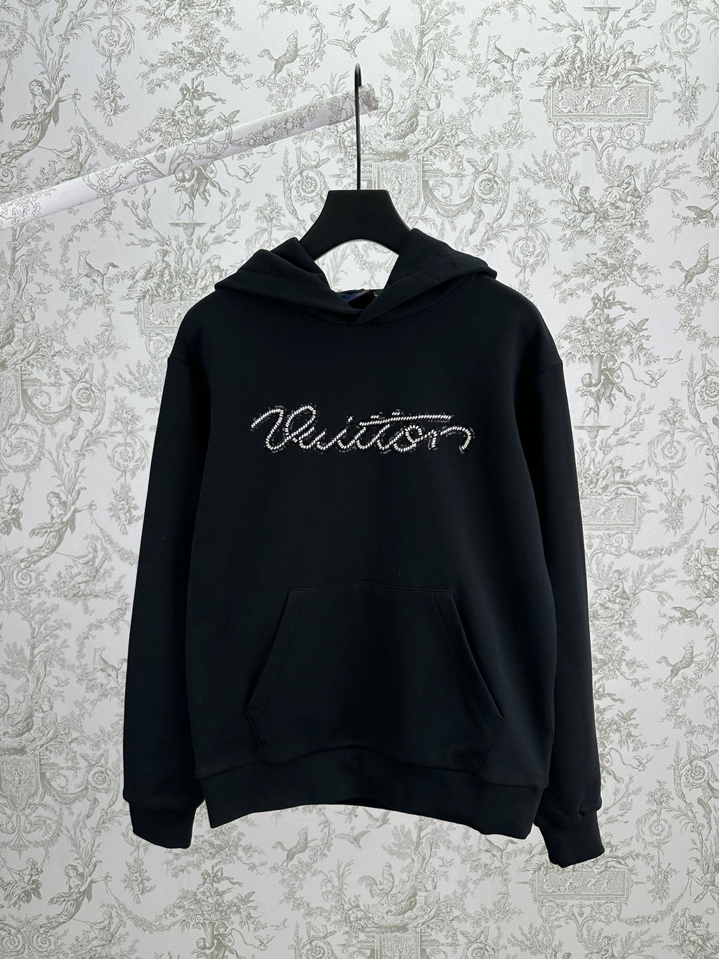 Louis Vuitton black hooded sweatshirt with front pocket and stitched logo