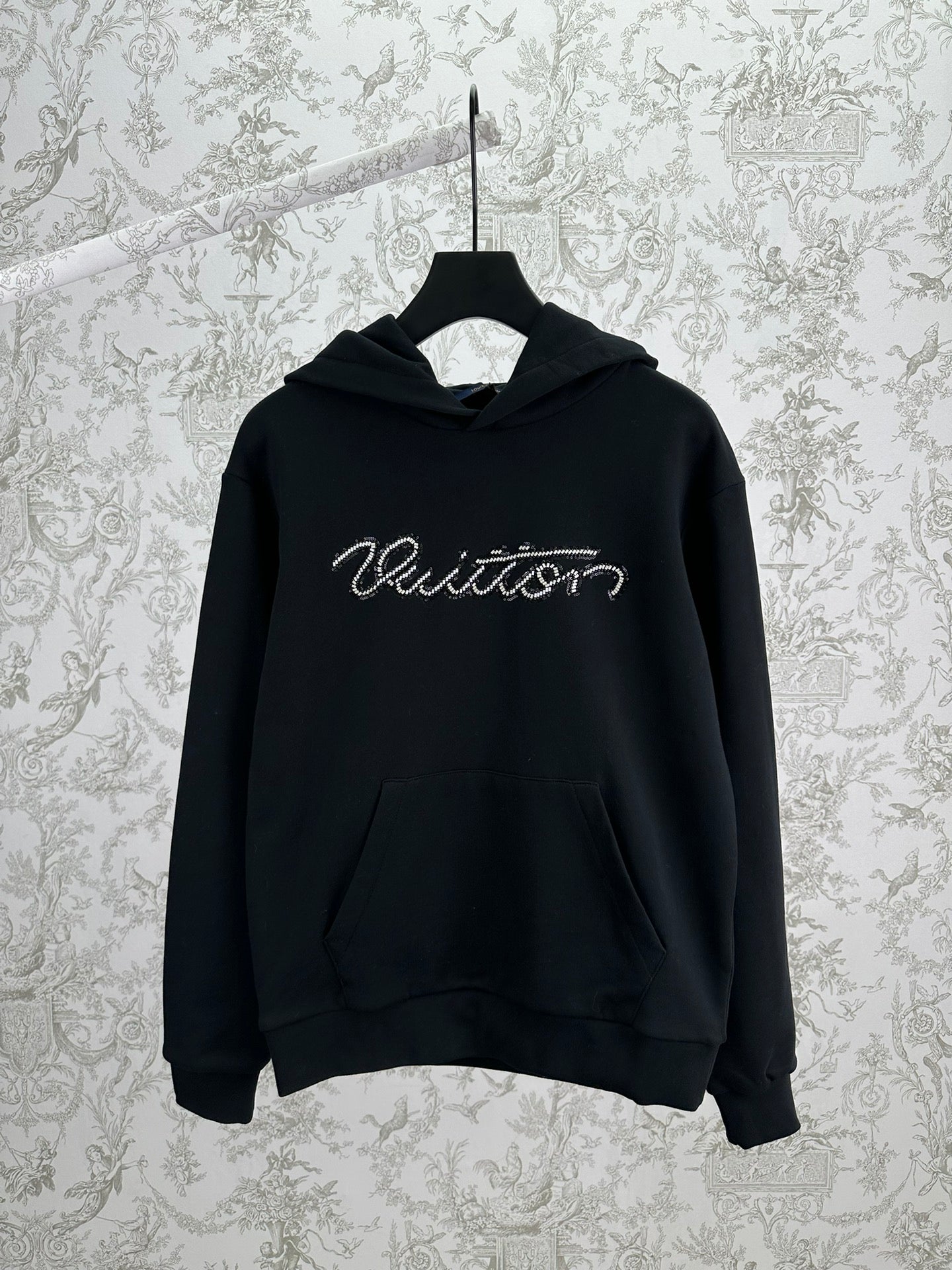 Louis Vuitton black hooded sweatshirt with front pocket and stitched logo