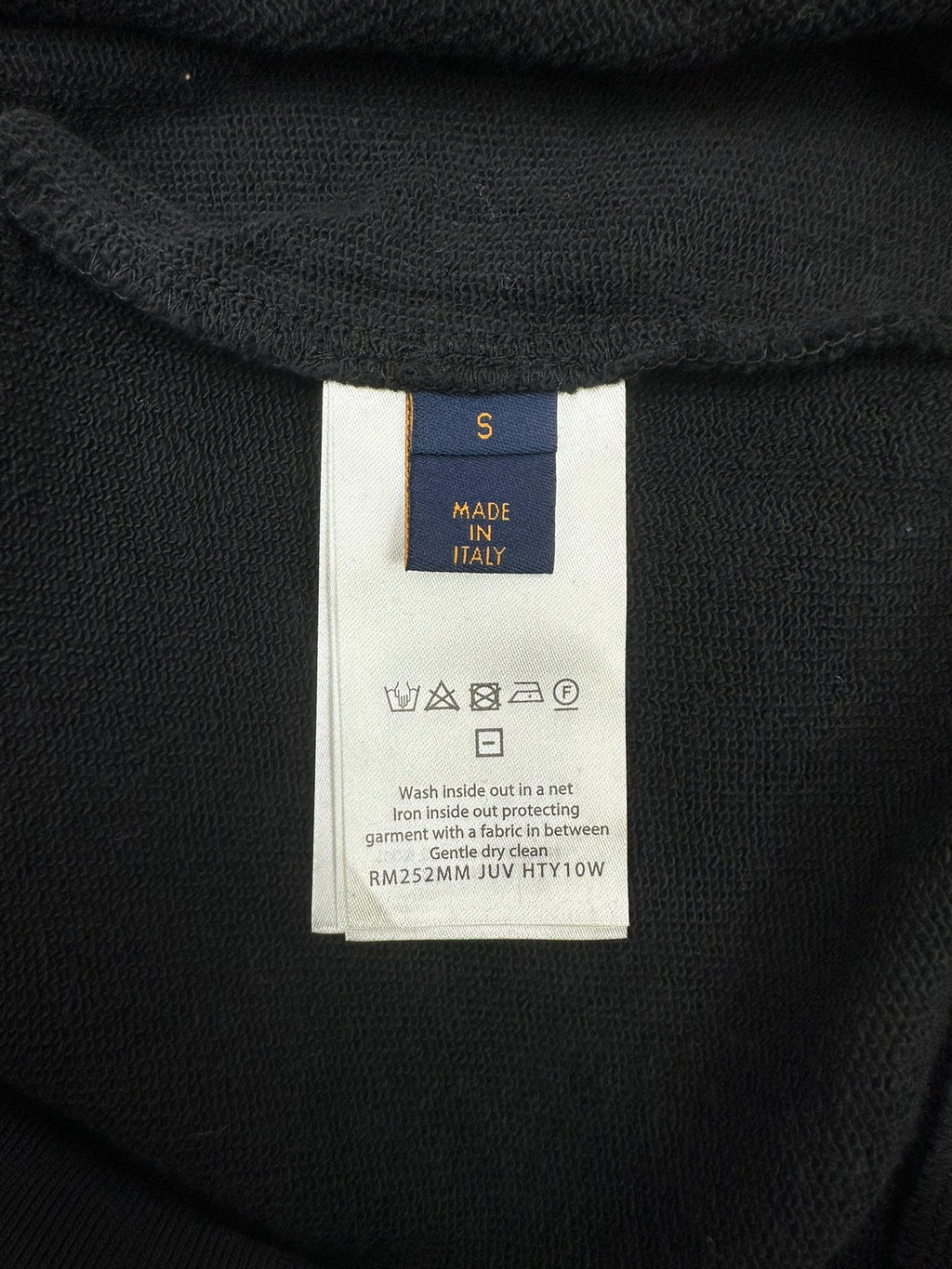 Louis Vuitton black hoodie interior neck label with size and care information
