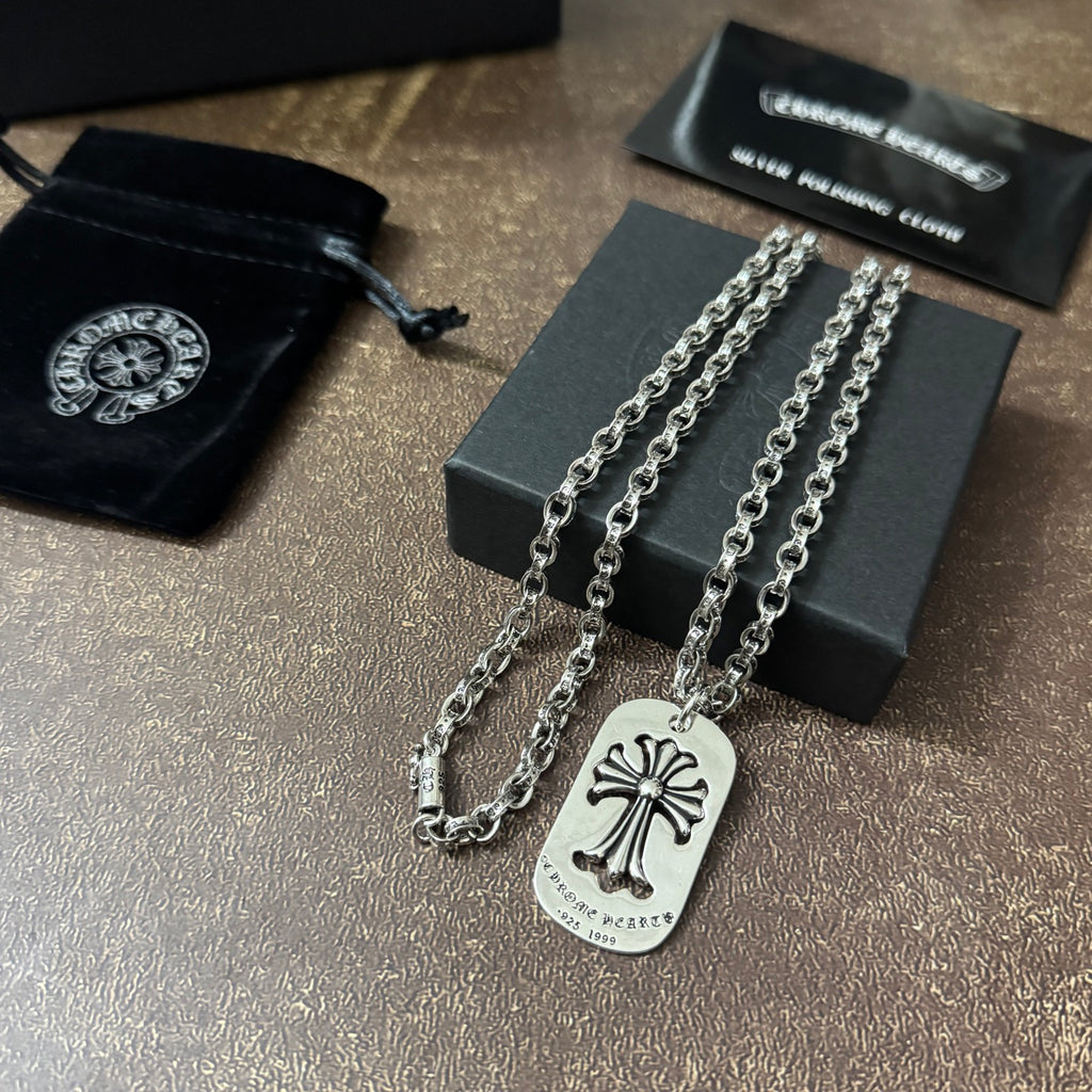 Chrome accessories necklace set with two silver chains and fleur-de-lis dog-tag pendants
