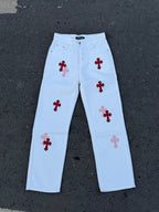 Light blue pants with red cross and darker red cross prints on front legs