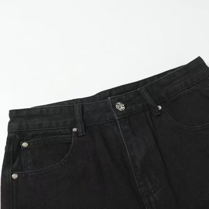 Black denim pants waistband with button and logo patch