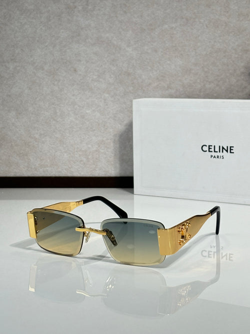 Gold rectangular sunglasses with olive green gradient lenses