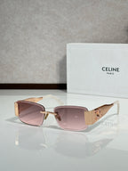 Rose-gold rectangular sunglasses with mauve gradient lenses