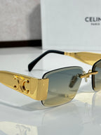 Gold rectangular sunglasses with amber gradient lenses and black temple tips