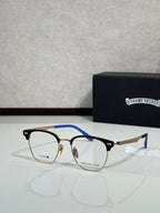 Eyeglasses with brown-and-black metal frame and blue temple accents, clear lenses