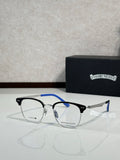 Eyeglasses with dark metal frame and blue temple accents, clear lenses