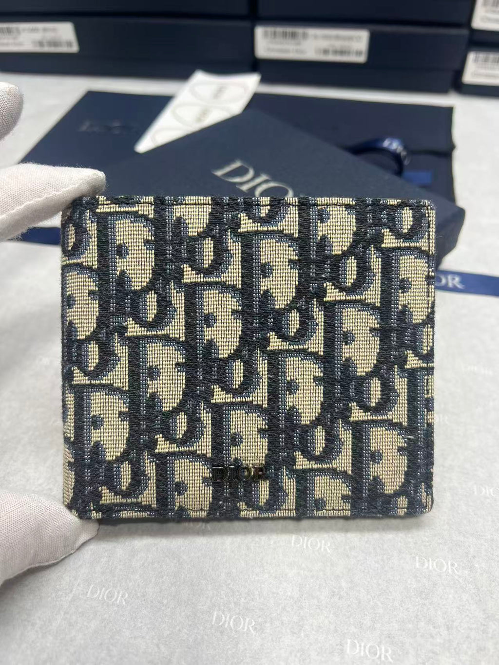 Small bag Dior monogram mini pouch in navy and cream jacquard with top zipper
