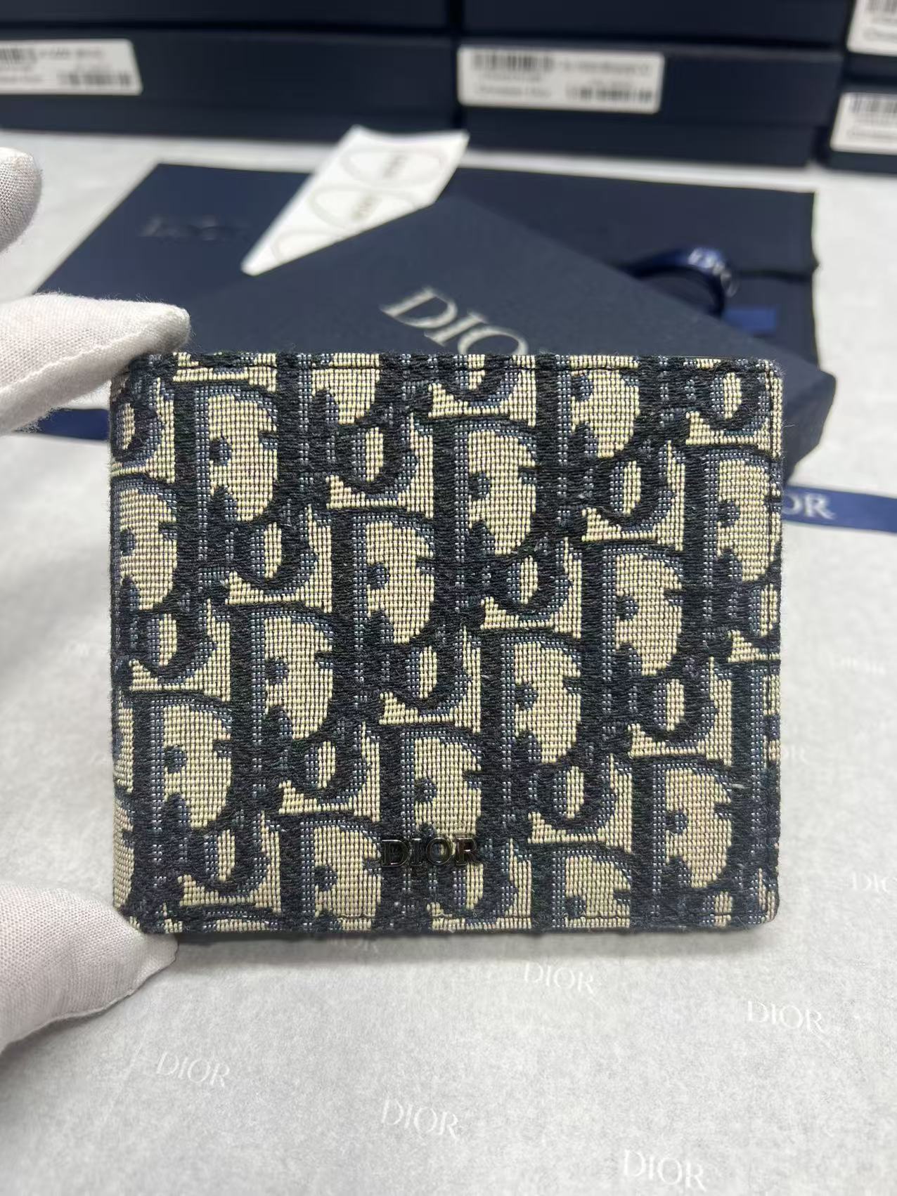 Small bag Dior monogram mini pouch in navy and cream jacquard with top zipper
