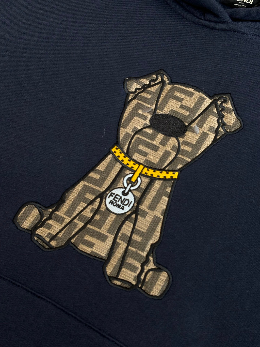 Navy Fendi bear graphic detail on front of hoodie