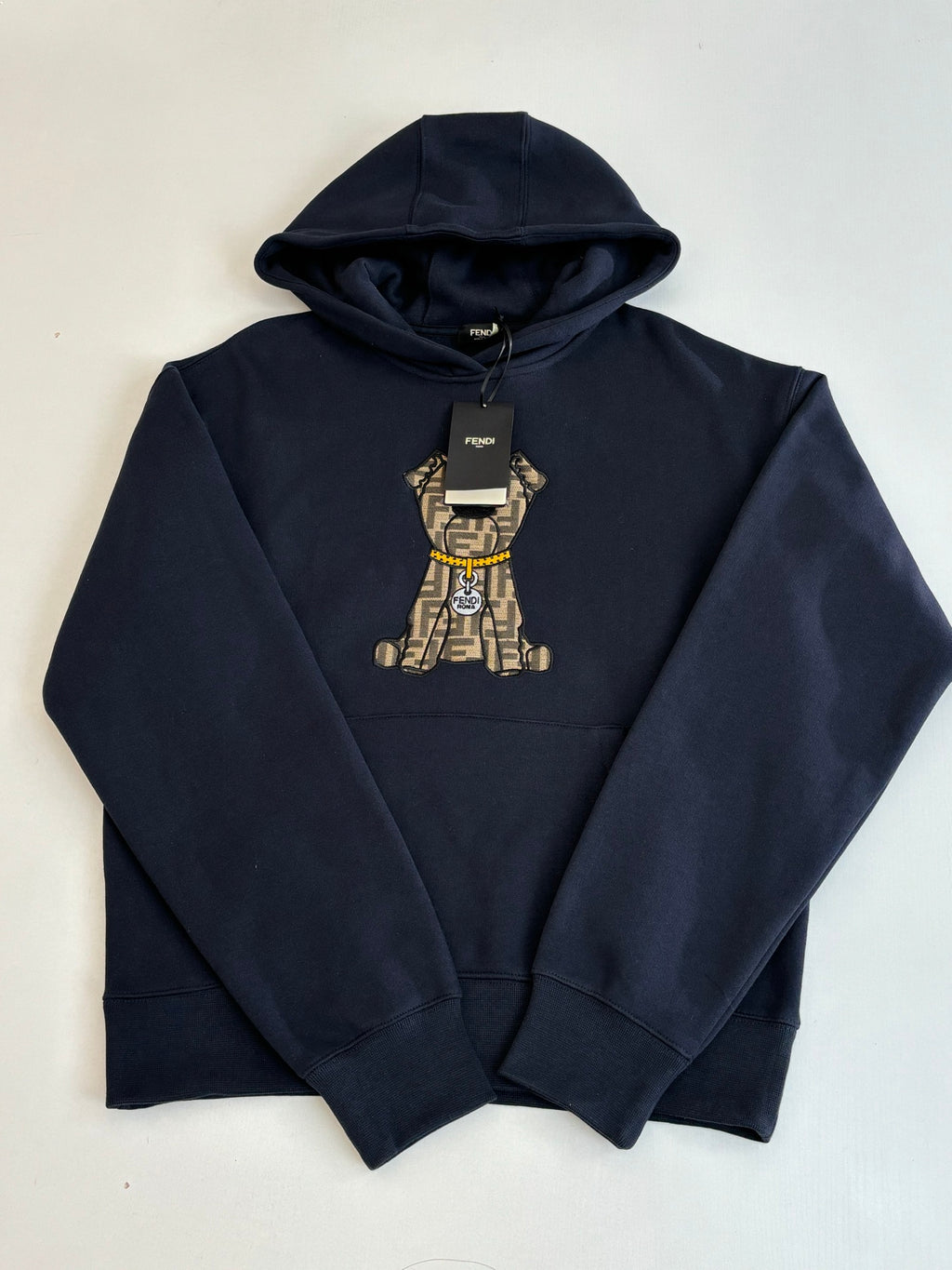 Navy Fendi hoodie with bear artwork graphic on chest