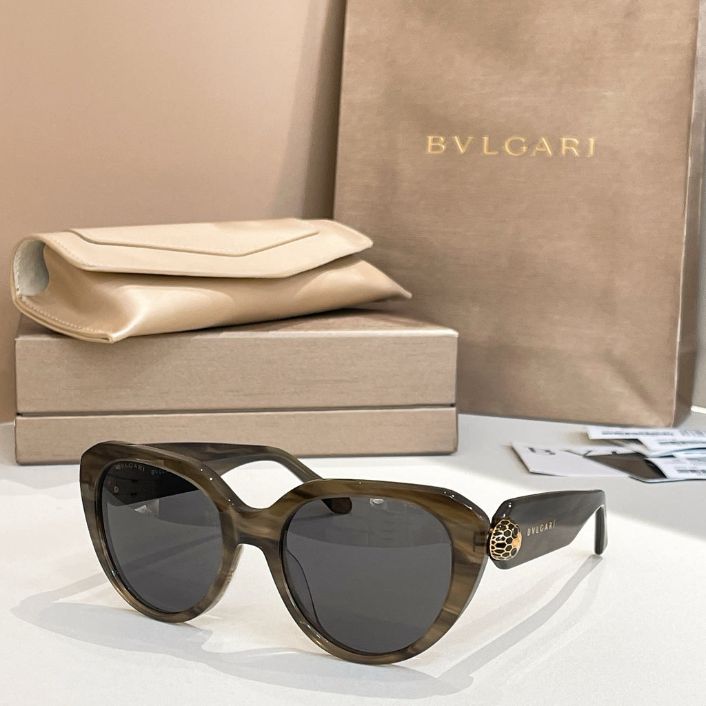Bvlgari sunglasses with dark olive frames and dark lenses, cat-eye shape