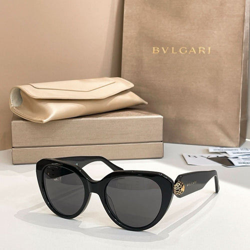 Bvlgari sunglasses with black frames and dark lenses, rounded cat-eye shape