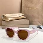 Bvlgari sunglasses with light purple frames and brown lenses, cat-eye shape