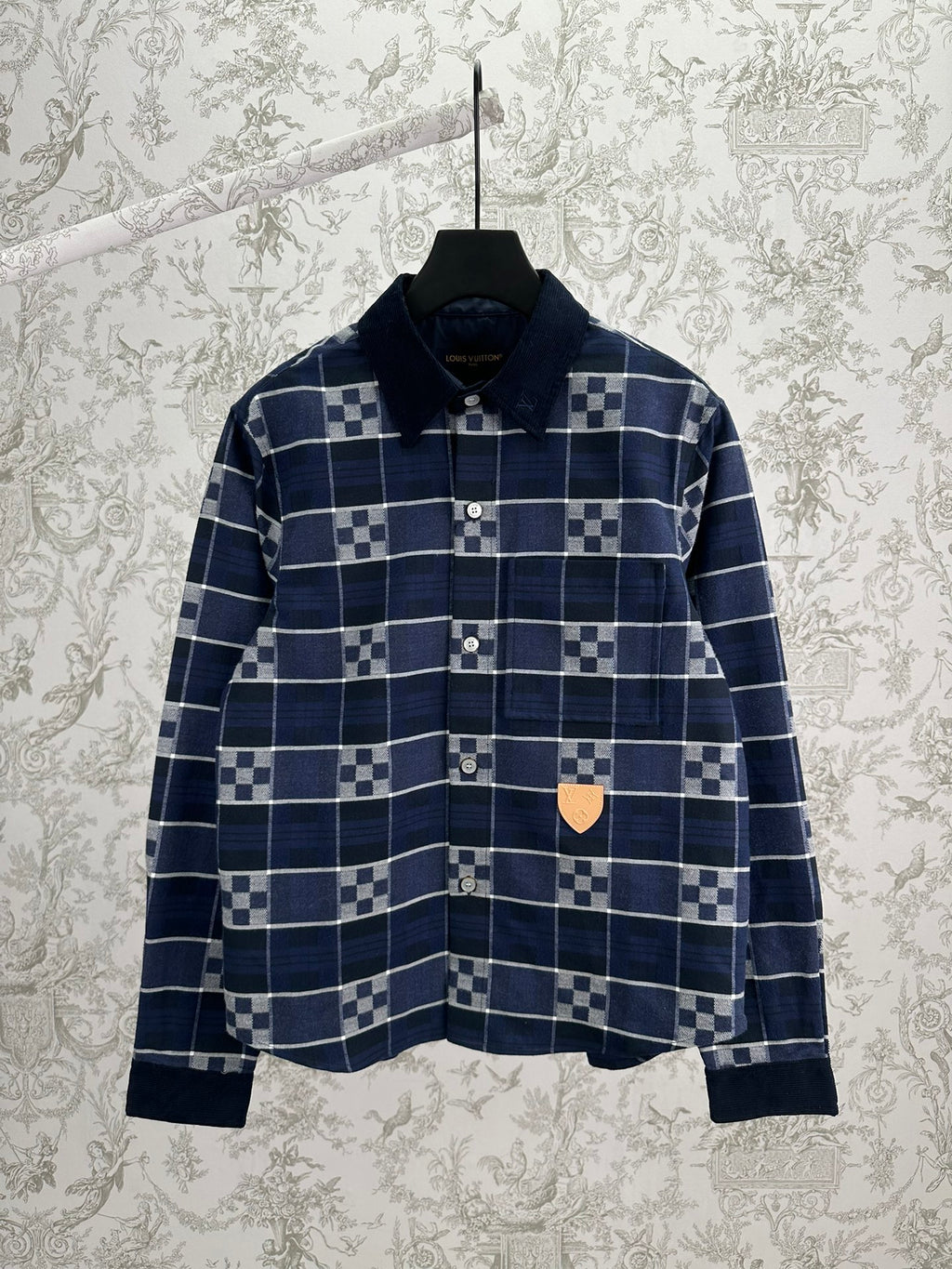 Louis Vuitton long-sleeve plaid shirt with dark navy check pattern and button front