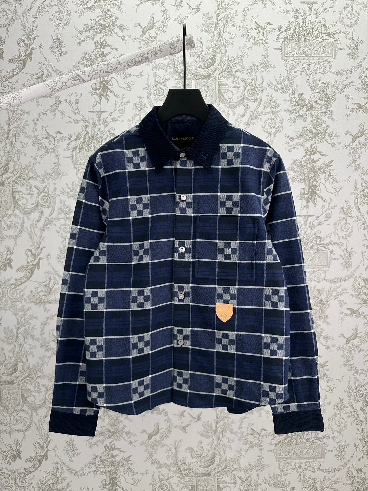 Louis Vuitton long-sleeve plaid shirt with dark navy check pattern and button front