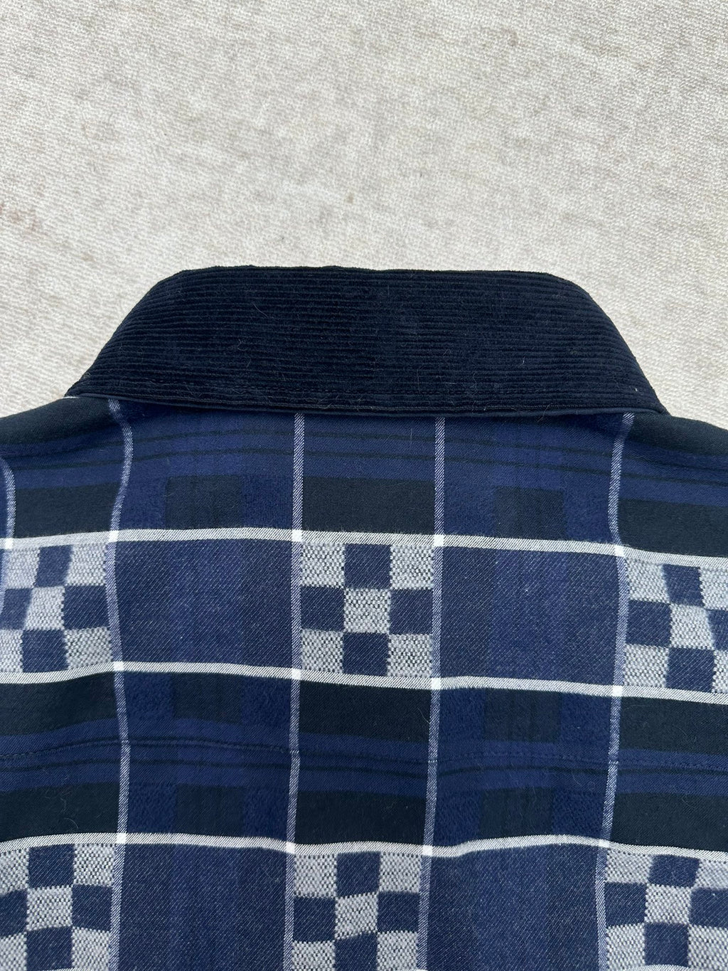 Louis Vuitton long-sleeve plaid shirt back neck with dark navy collar and checks