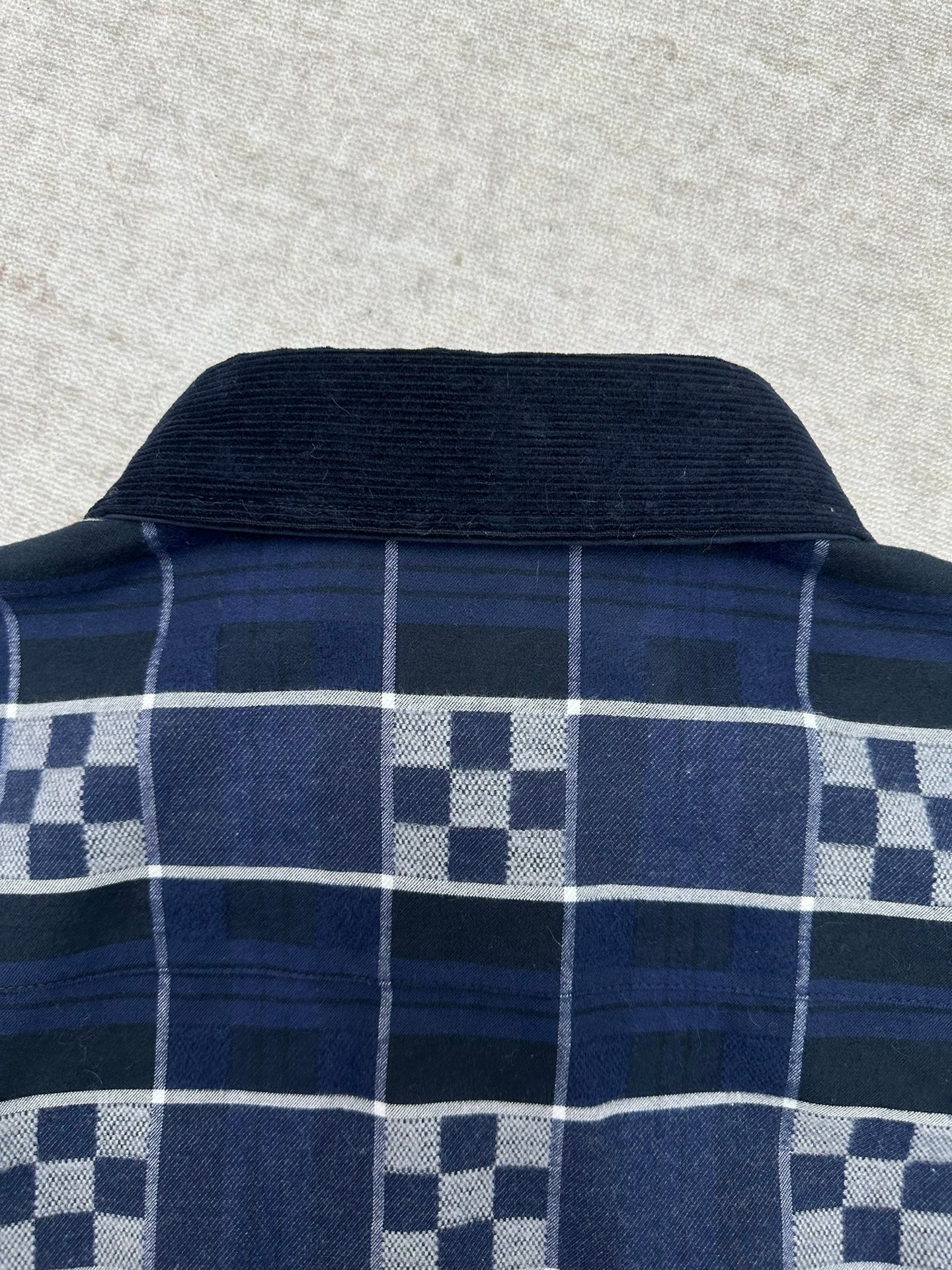 Louis Vuitton long-sleeve plaid shirt back neck with dark navy collar and checks