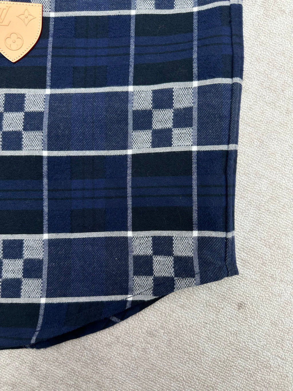 Louis Vuitton plaid shirt hem side with dark navy and white check paneling