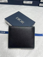 Black leather small wallet, textured finish, Dior logo on front panel