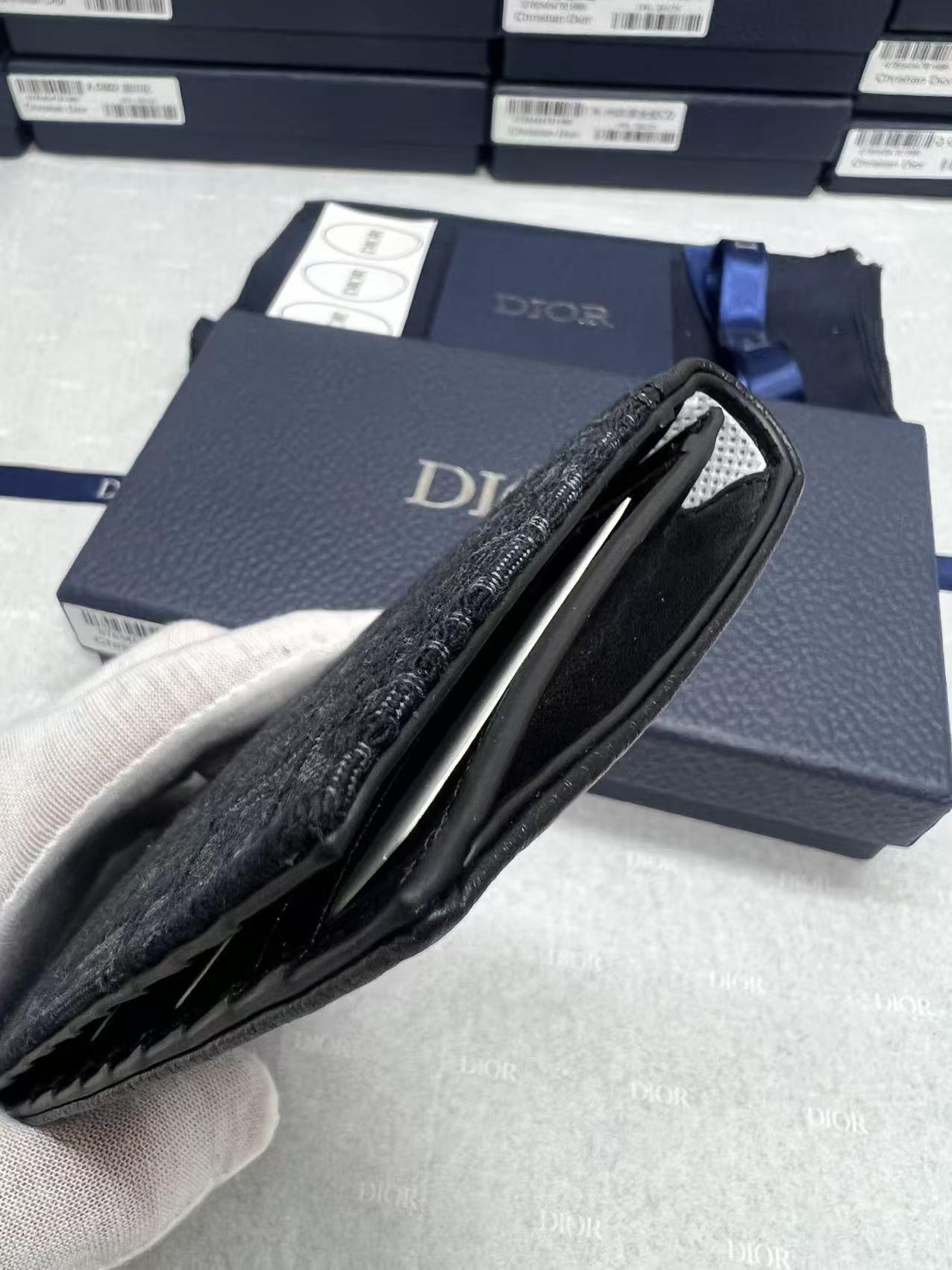 Dior bag wallet style, black leather with oblique pattern and open card slots