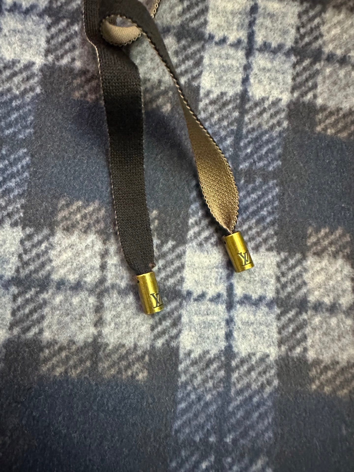 Plaid hoodie hood drawstrings with gold tips and metal aglets