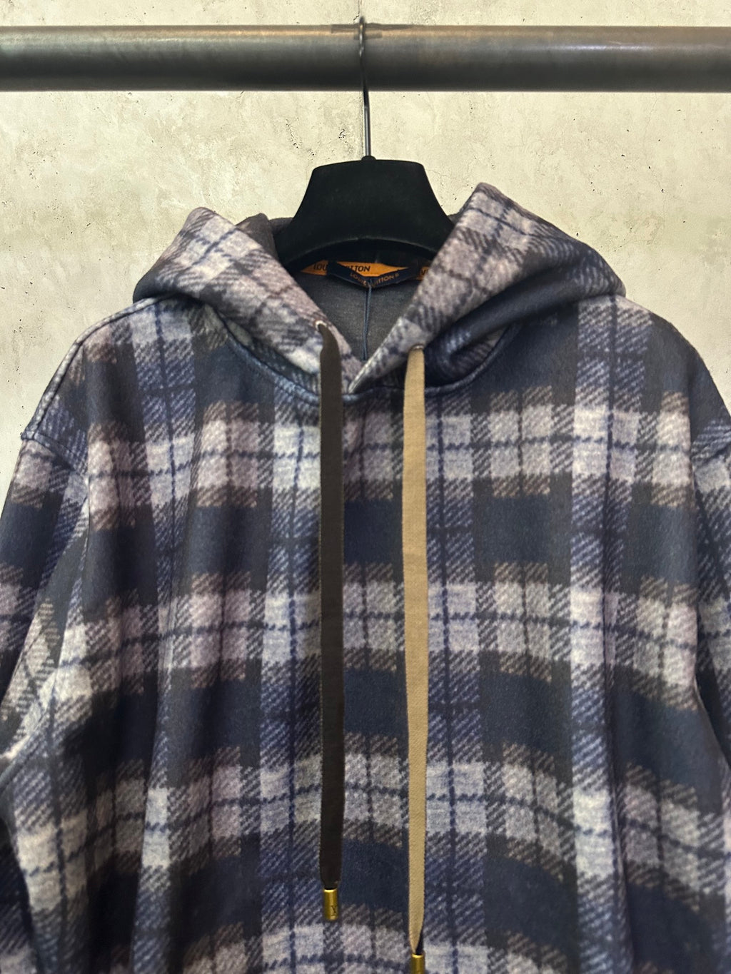 Louis Vuitton plaid pullover hoodie with drawstring hood and front zipper