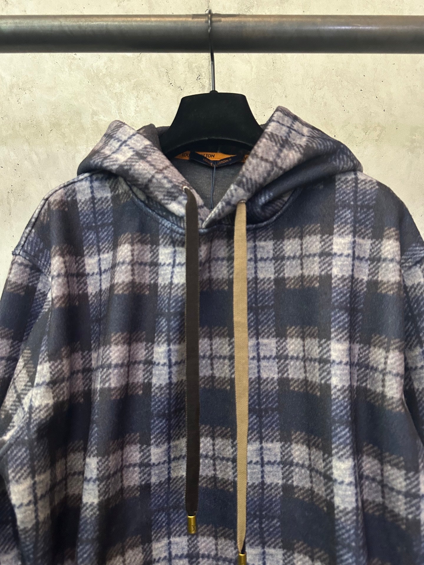 Louis Vuitton plaid pullover hoodie with drawstring hood and front zipper