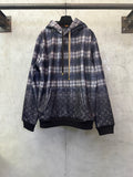 Louis Vuitton long-sleeve hoodie with navy plaid and dark monogram panels