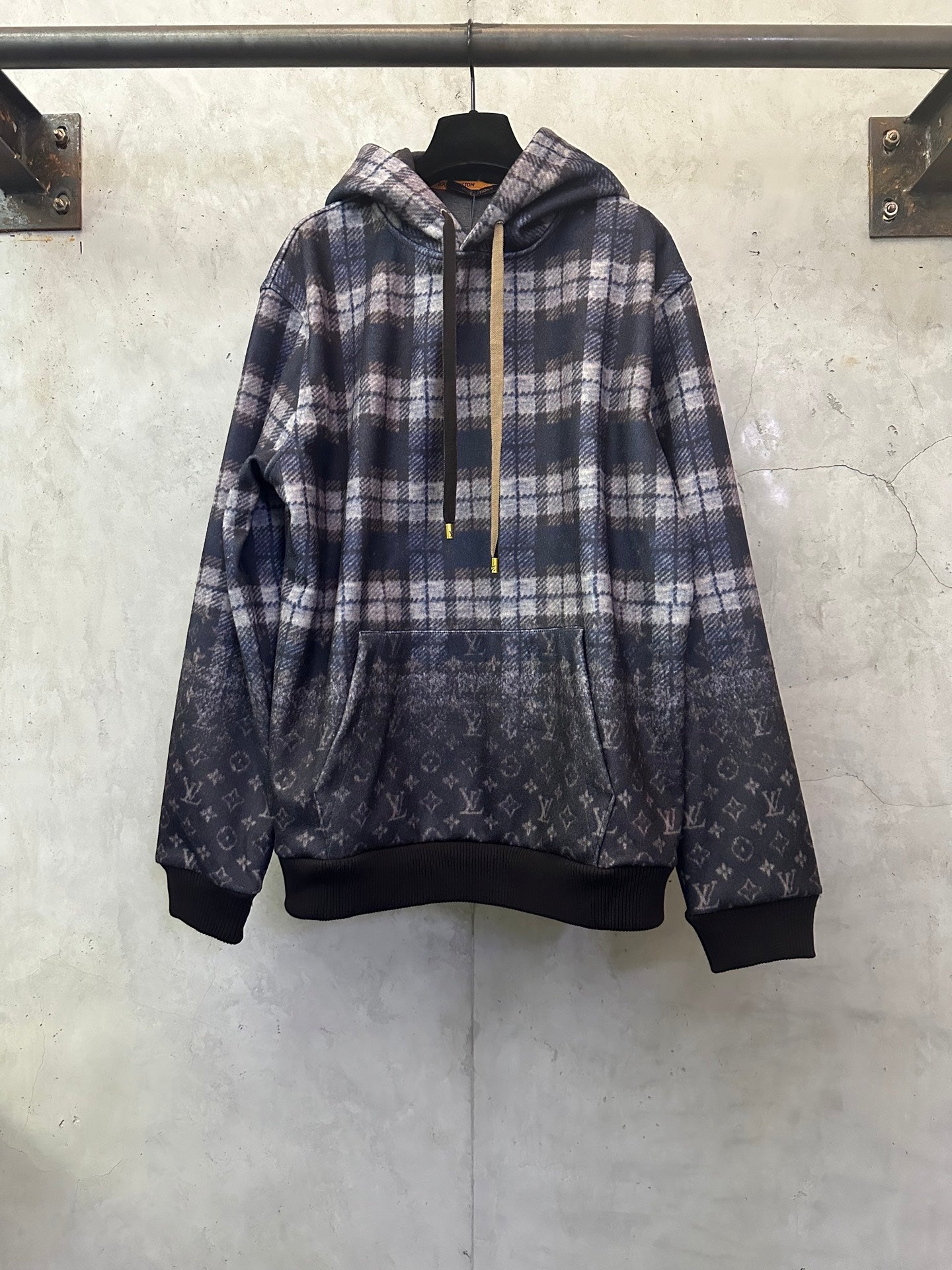Louis Vuitton long-sleeve hoodie with navy plaid and dark monogram panels