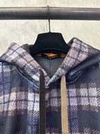 Plaid hooded jacket with lace-up drawcords and front pouch pocket