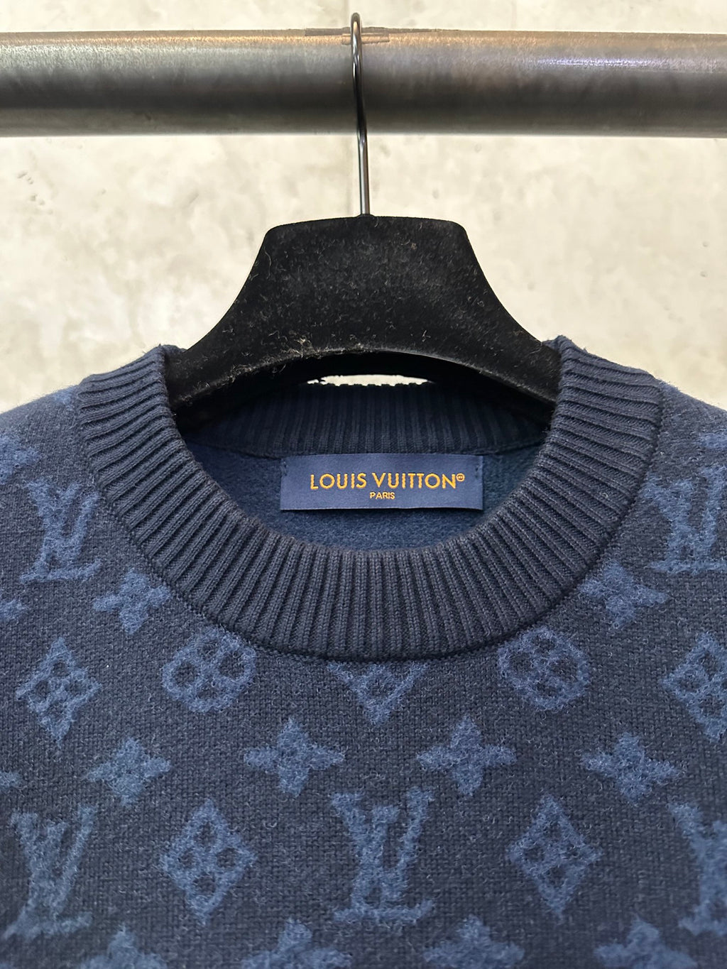 Louis Vuitton ribbed crewneck knit shirt with brand label, dark blue monogram pattern