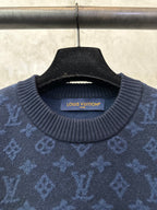 Louis Vuitton ribbed crewneck knit shirt with brand label, dark blue monogram pattern