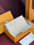 Women's small Louis Vuitton bag, textured beige canvas with zip top and gold chain.