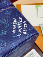Louis Vuitton blue monogram fabric with 'Made in France' printed text