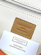 Beige interior fabric label with 'Louis Vuitton' and 'Coated fabric lining' text