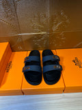 Hermes blue leather slide sandals with two silver-tone buckles