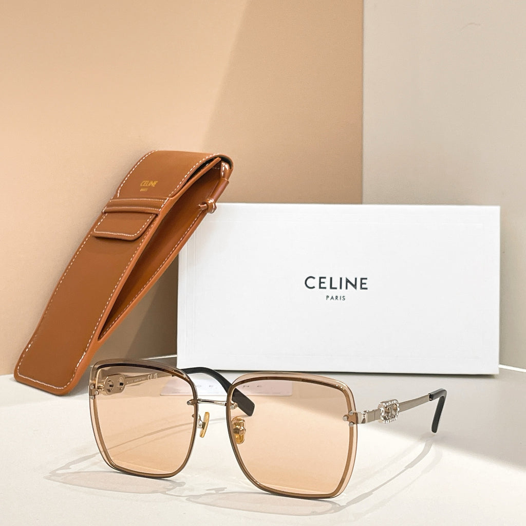 Celine glasses with tan-tinted lenses and light brown frames, gold-tone temples
