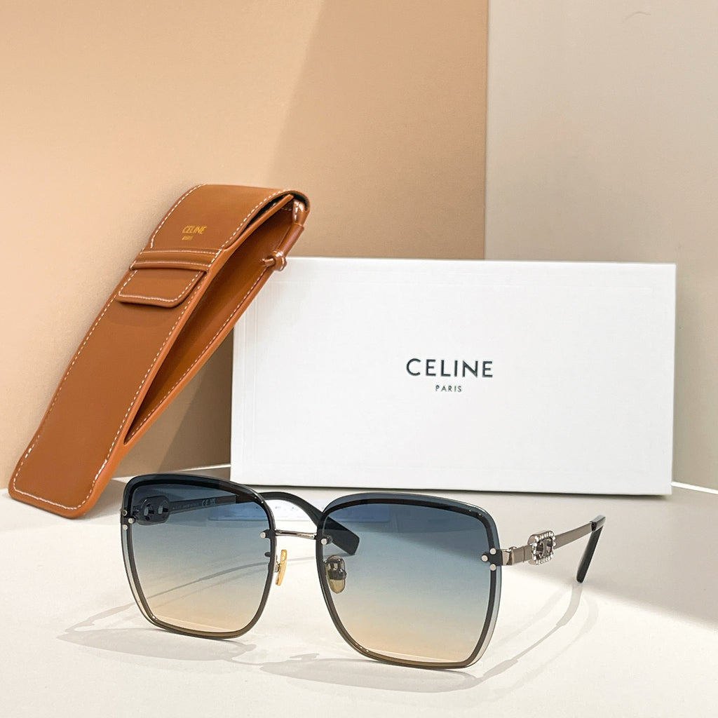Celine glasses with blue-tinted lenses and dark frames, gold-tone temple details