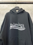 Black Balenciaga hoodie chest graphic and hood detail