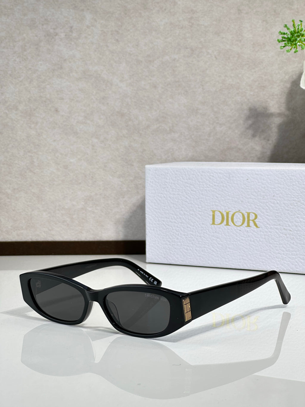 Black sunglasses with dark lenses and gold detail on temple