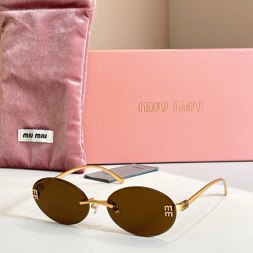 MiuMiu oval sunglasses with gold-tone frame and olive-brown gradient lenses
