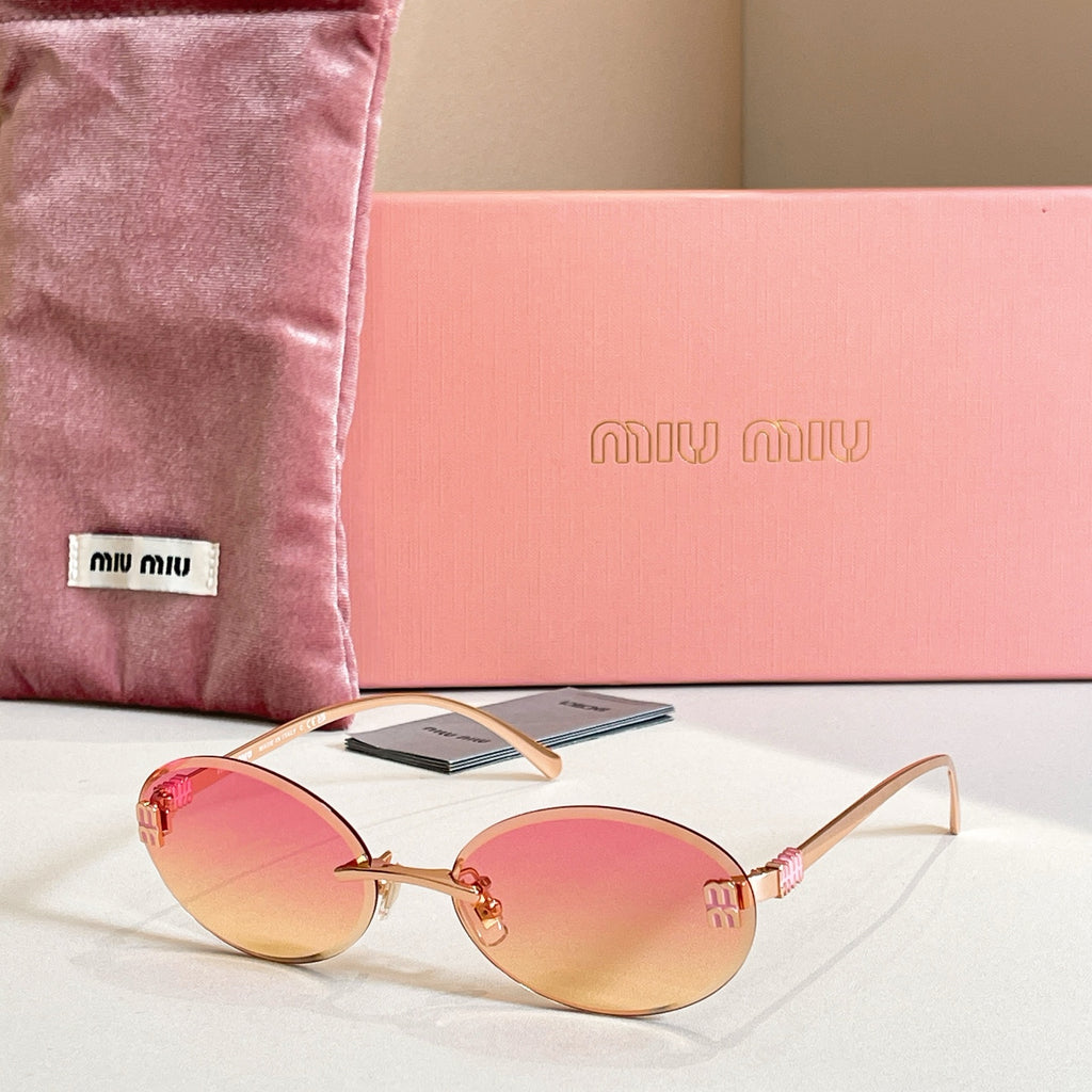 MiuMiu oval sunglasses with gold-tone frame and pink-orange gradient lenses