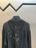 Dark knit zip-up sweater back graphic detail
