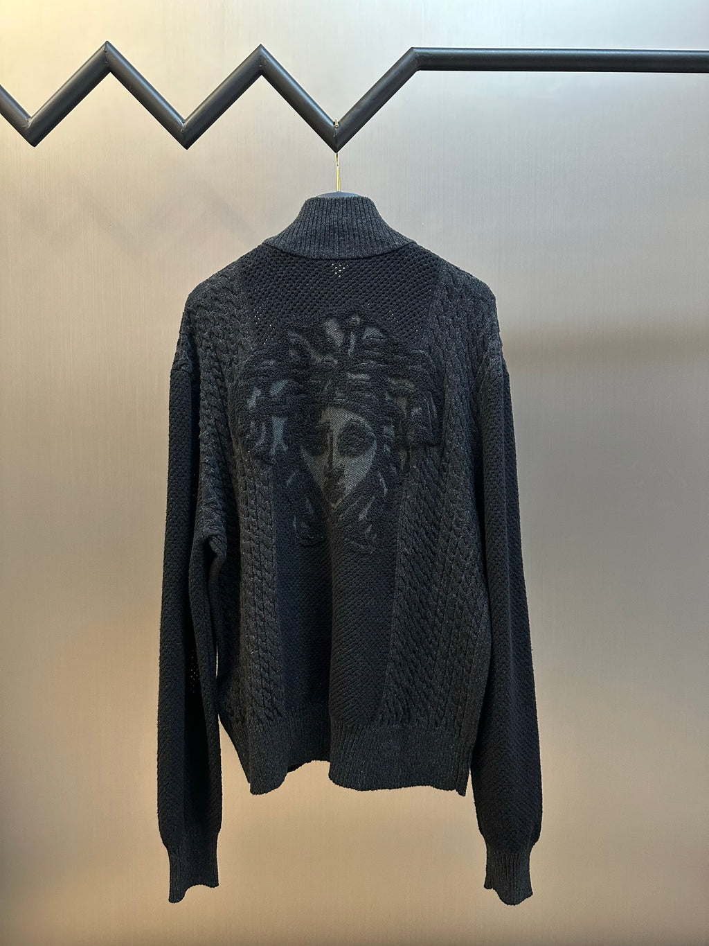 Dark knit zip-up sweater, back graphic and mock neck