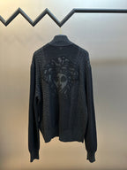 Dark knit zip-up sweater, back graphic and mock neck