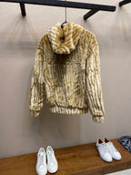 Gold-and-cream striped hooded fur jacket, full back view, ribbed cuffs