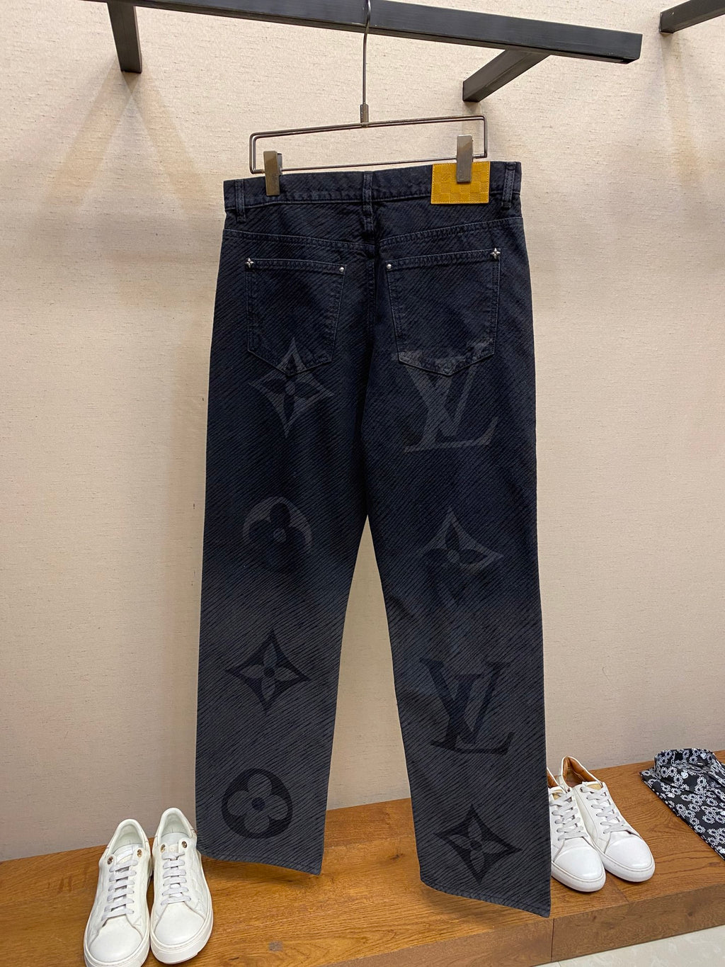 Louis Vuitton dark denim logo pants, straight leg with button waistband